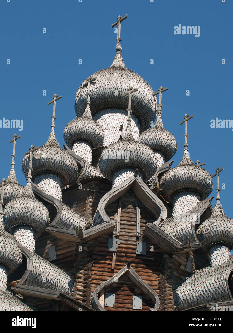 Detail der Zwiebeltürme auf Kirche in Kizhi Russland auf der Weltkulturerbeliste der UNESCO Stockfoto