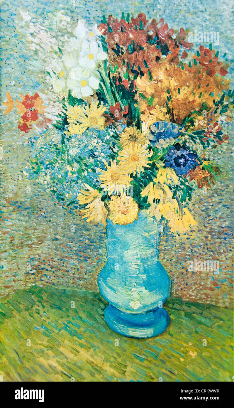 Blumen in blauer Vase - Van Gogh Stockfoto