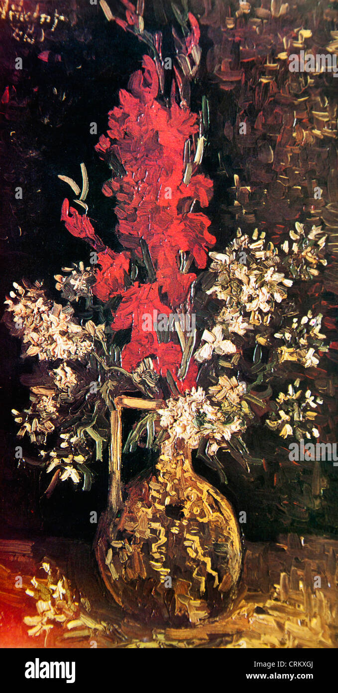 Rote Gladiolen und andere Blumen in einer Vase - Van Gogh Stockfoto