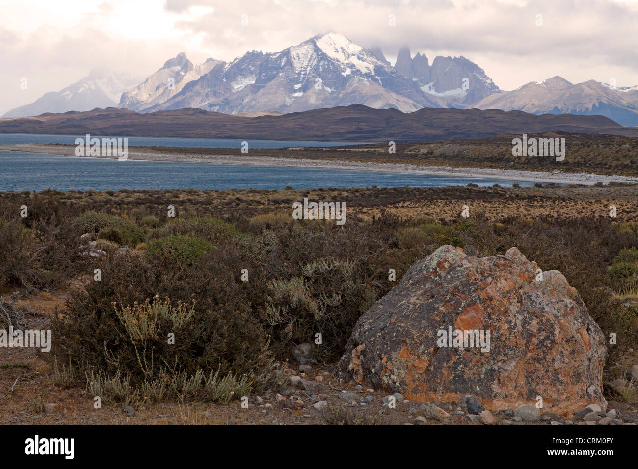 Blick über den Lago Sarmiento die Torres del Paine-massiv Stockfoto