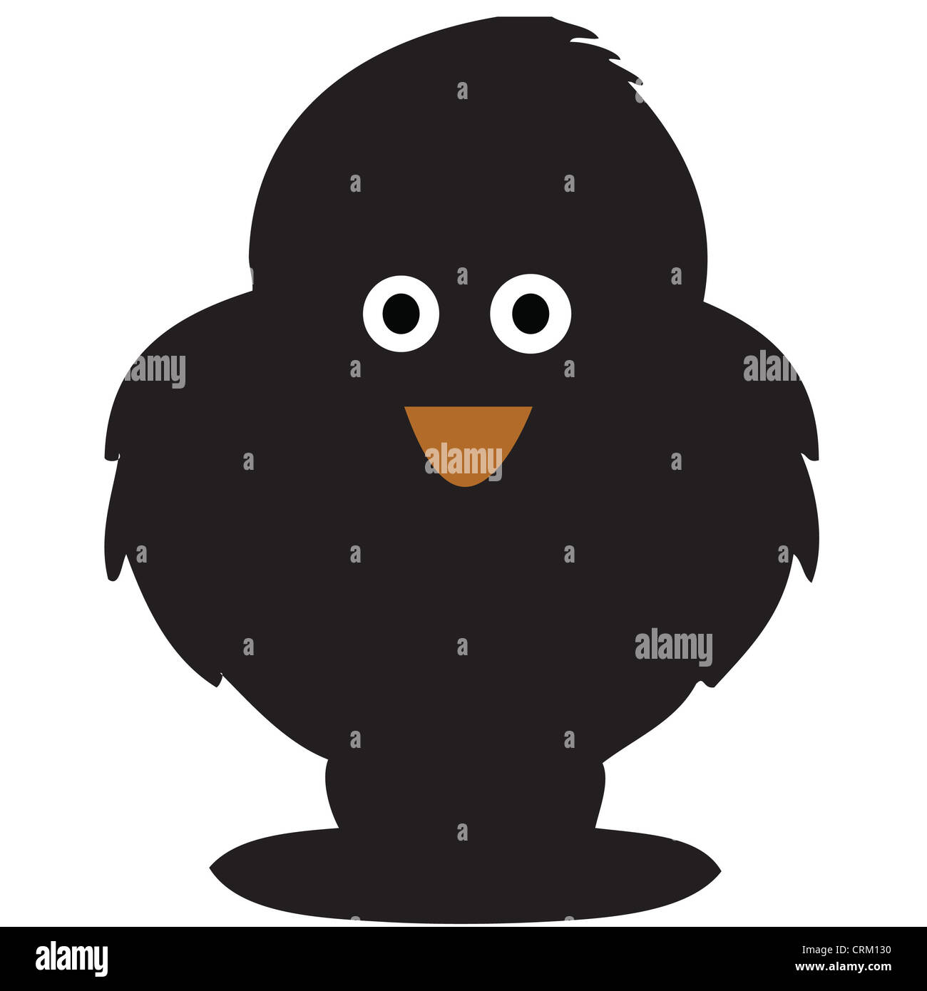Minimalistischer schwarzer Karikaturvogel mit runden weißen Augen und einem kleinen orangen Schnabel, ideal für digitale Illustrationen, Ikonen und grafische Elemente Stockfoto