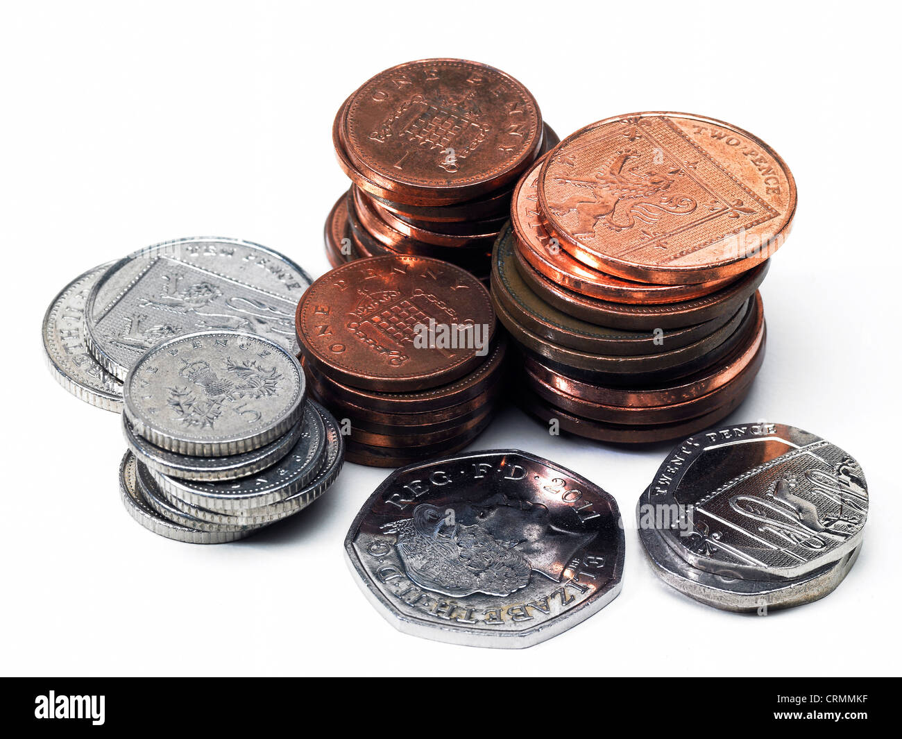 Haufen von britischen Münzen, Silber und Kupfer Stockfoto