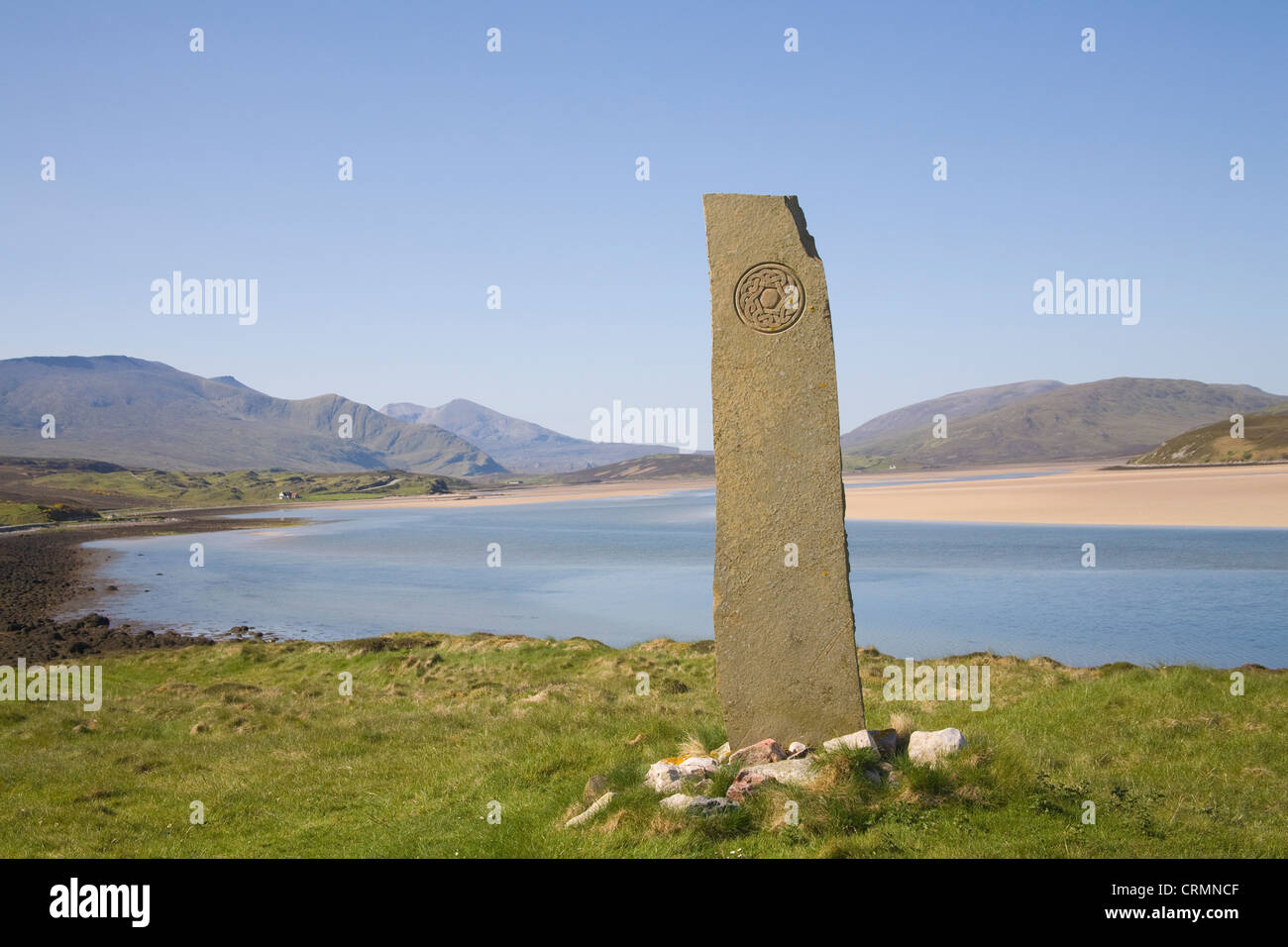 Keodale Sutherland Schottland Mai Standing Stone Celtic symbol Carven auf Kyle von Durness Stockfoto