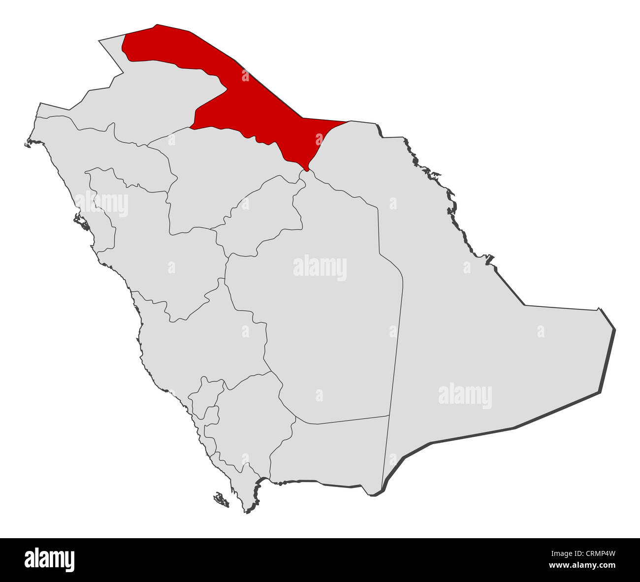 Politische Karte von Saudi-Arabien mit den verschiedenen Provinzen, wo Nordprovinz Grenzen markiert ist. Stockfoto