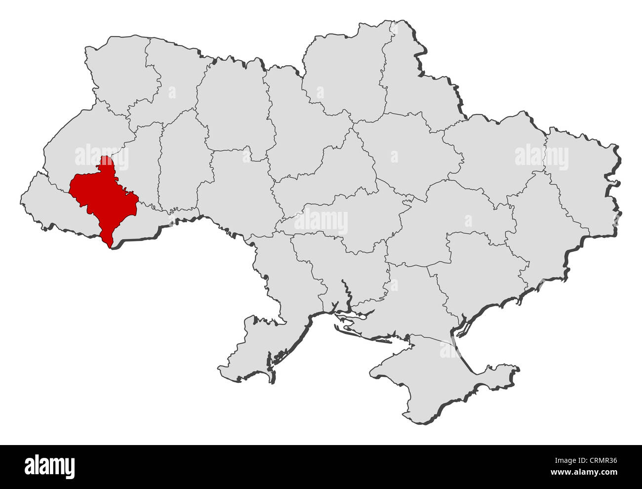 Politische Landkarte der Ukraine mit der mehrere Oblasten Iwano-Frankiwsk wo markiert ist. Stockfoto