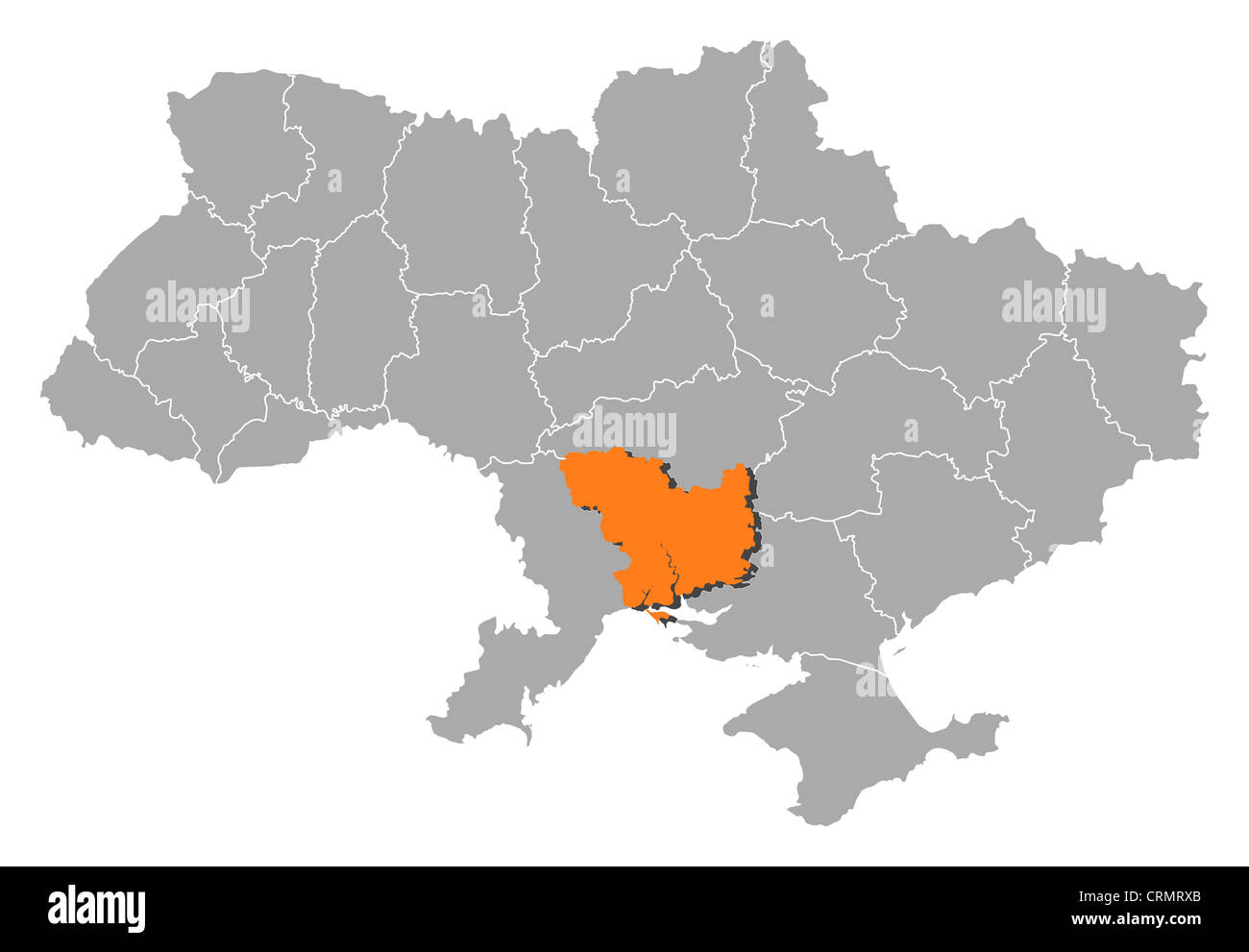 Politische Landkarte der Ukraine mit der mehrere Oblasts wo Mykolajiw markiert ist. Stockfoto