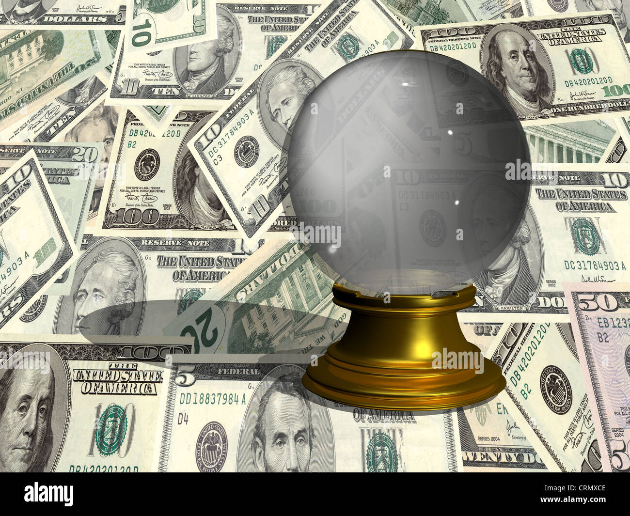 Kristallkugel auf Dollar-Scheine Stockfoto