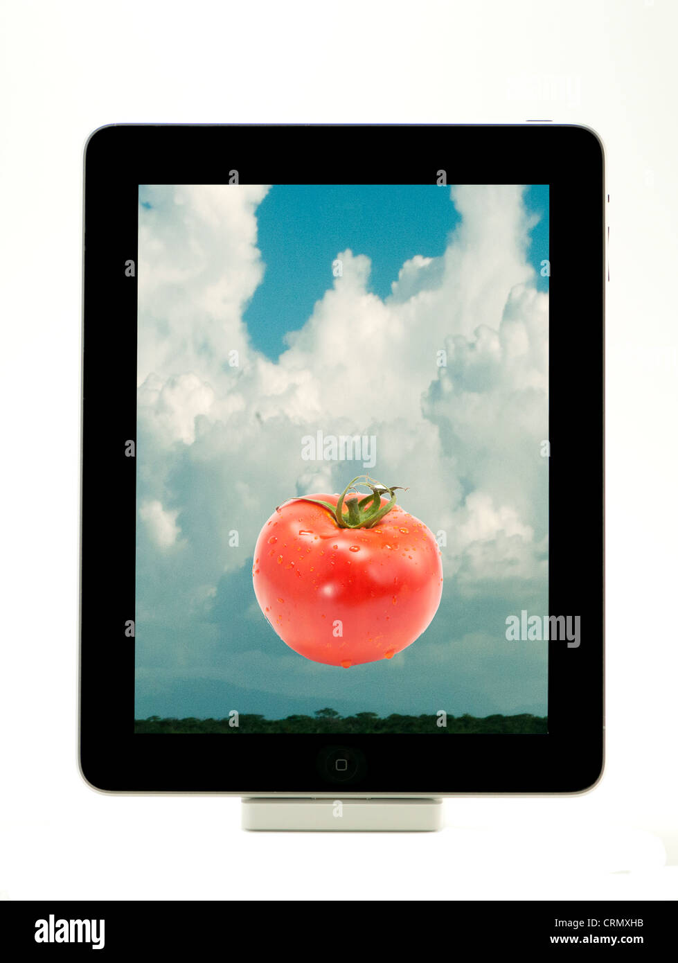 iPad mit Abbildung der Tomate und des Himmels Stockfoto
