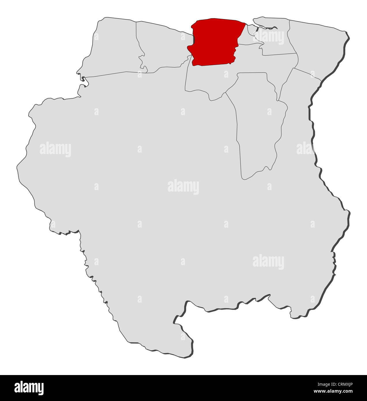 Politische Karte von Suriname mit den mehreren Bezirken, wo Saramacca markiert ist. Stockfoto