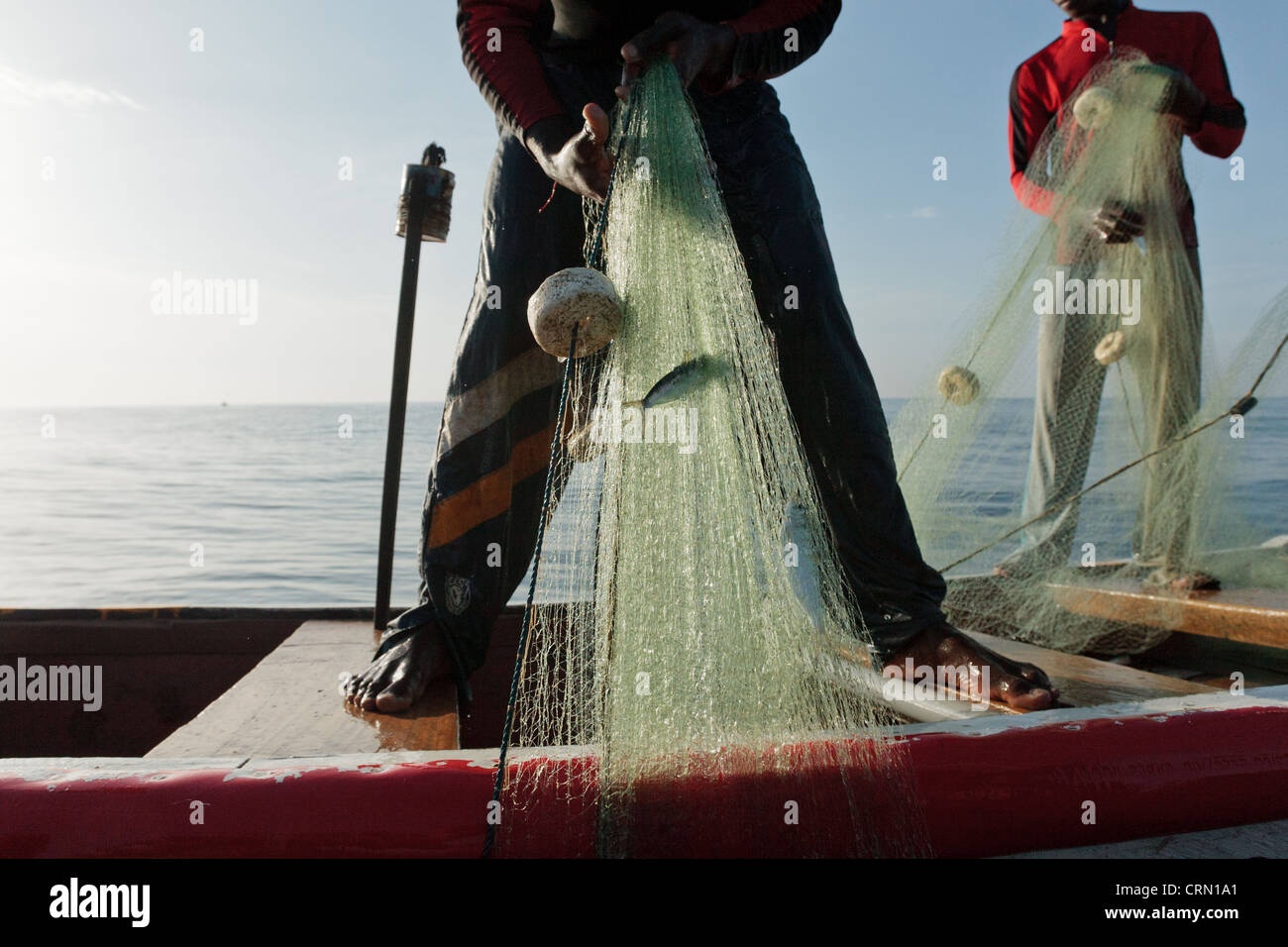 Fischer ziehen ihre Netze beim Angeln vor der Küste in der Nähe von Cape Coast, Central Region, Ghana. Stockfoto