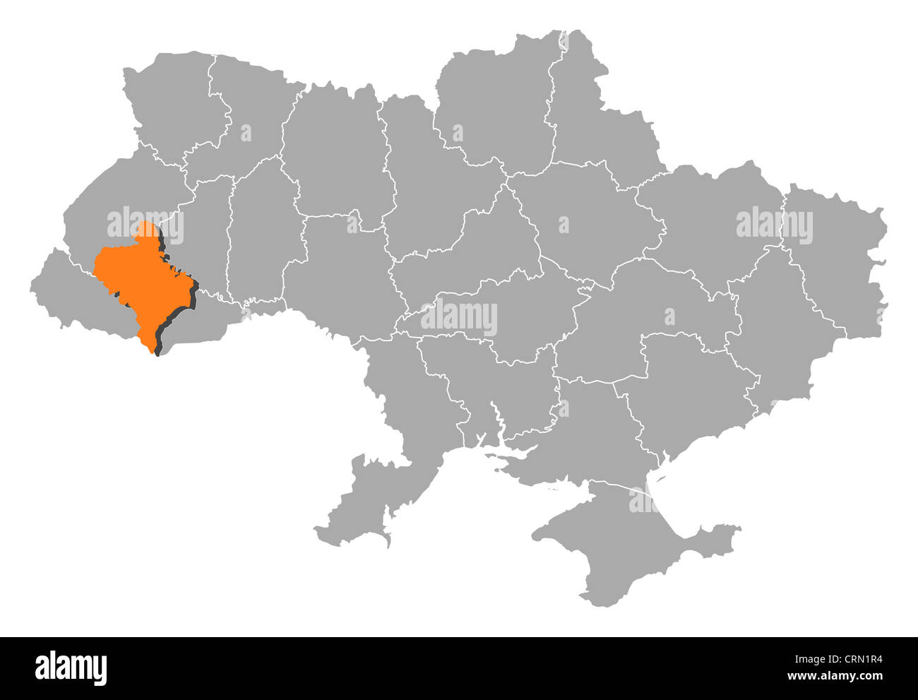 Politische Landkarte der Ukraine mit der mehrere Oblasten Iwano-Frankiwsk wo markiert ist. Stockfoto