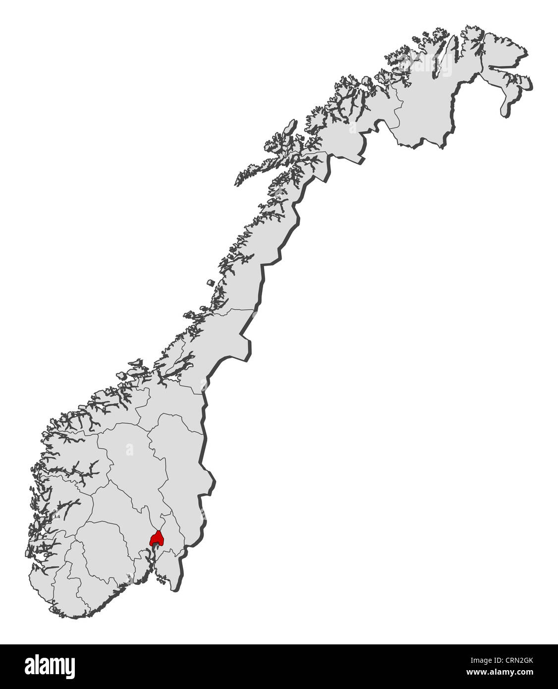 Politische Karte von Norwegen mit den Countys, wo Oslo markiert ist. Stockfoto