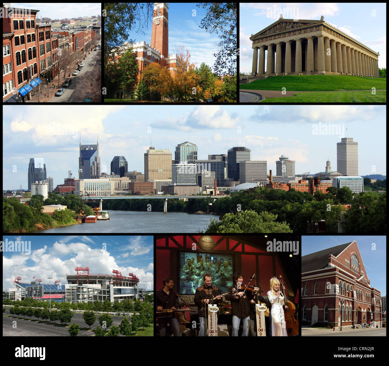 Collage aus Nashville Sehenswürdigkeiten. Obere Reihe: 2nd Avenue, Kirkland Hall (Vanderbilt University), die Parthenon; Mittlere Reihe: Nashville Stockfoto