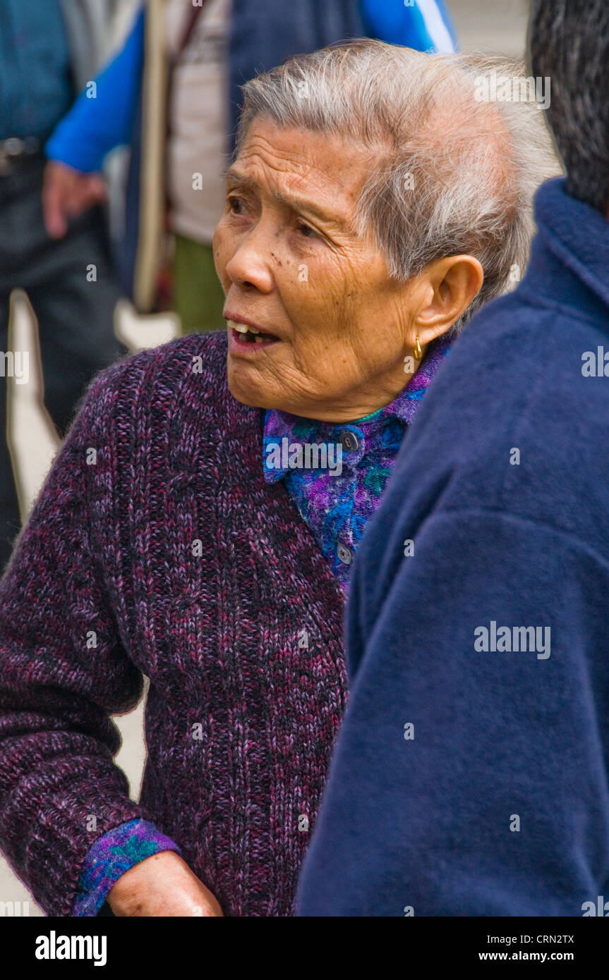 Expressive ältere Asiatin mit Kopf von grauen Haaren Stockfoto