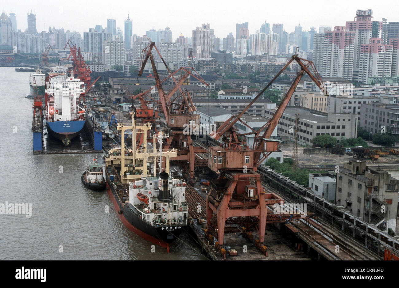 Containerschiffe werden in Shanghai Hafen gelöscht. Stockfoto