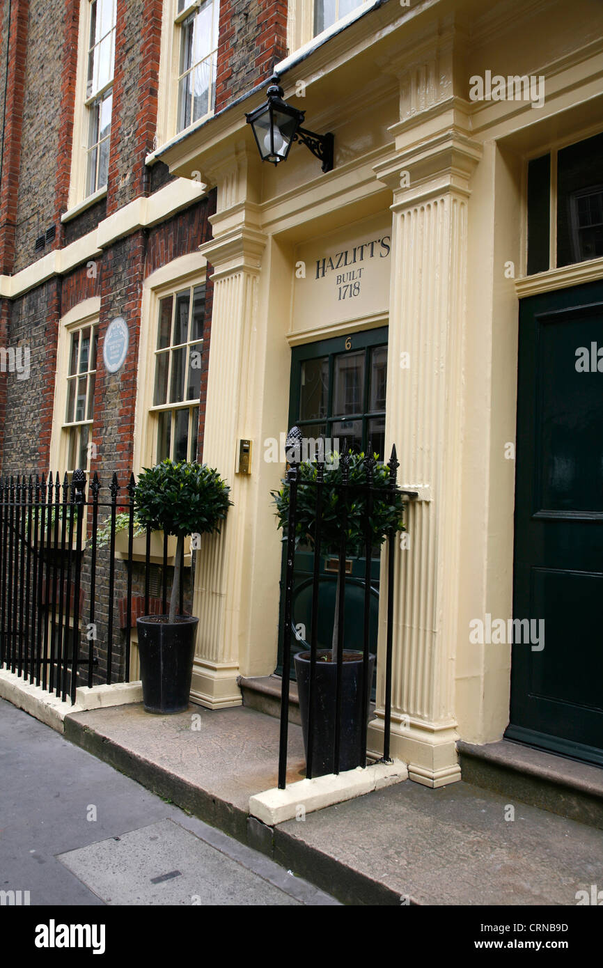 Eingang zum Hotel Hazlitt der Frith Street, Soho, London, UK Stockfoto