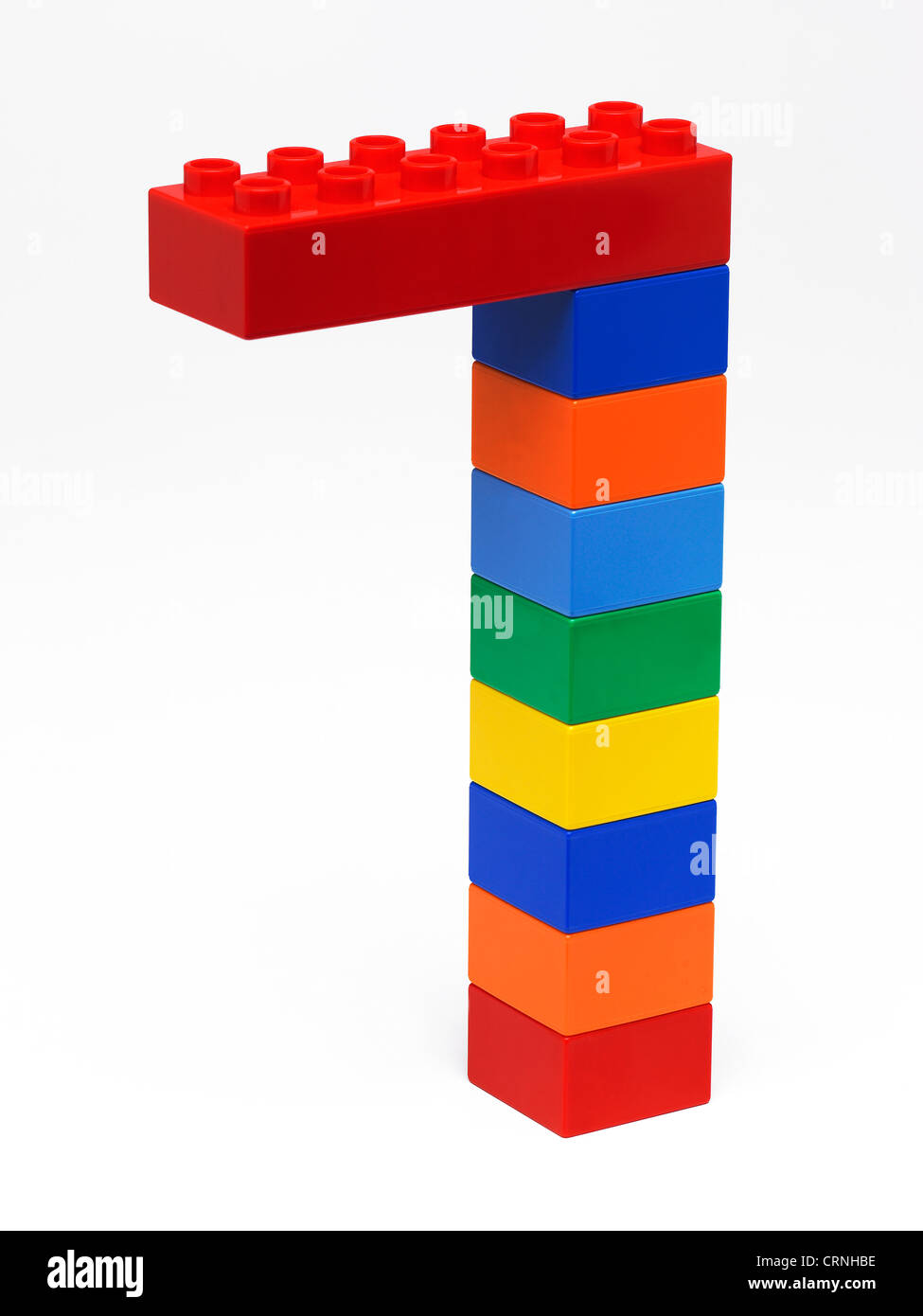 Farbigem Kunststoff bauen von Backsteinen in der Form der Zahl 7 Stockfoto