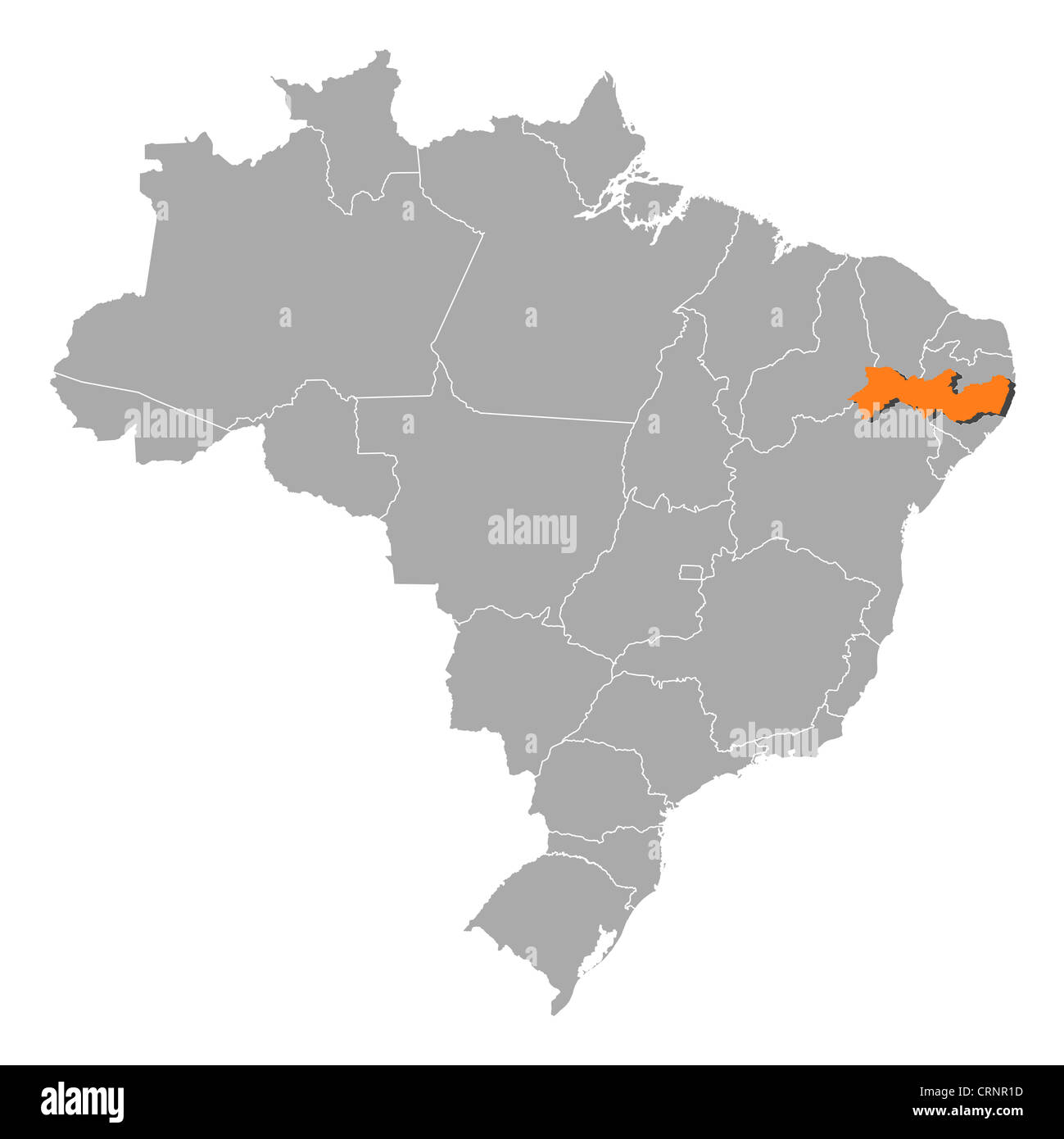 Politische Karte von Brasilien mit den mehrere Staaten wo Pernambuco markiert ist. Stockfoto