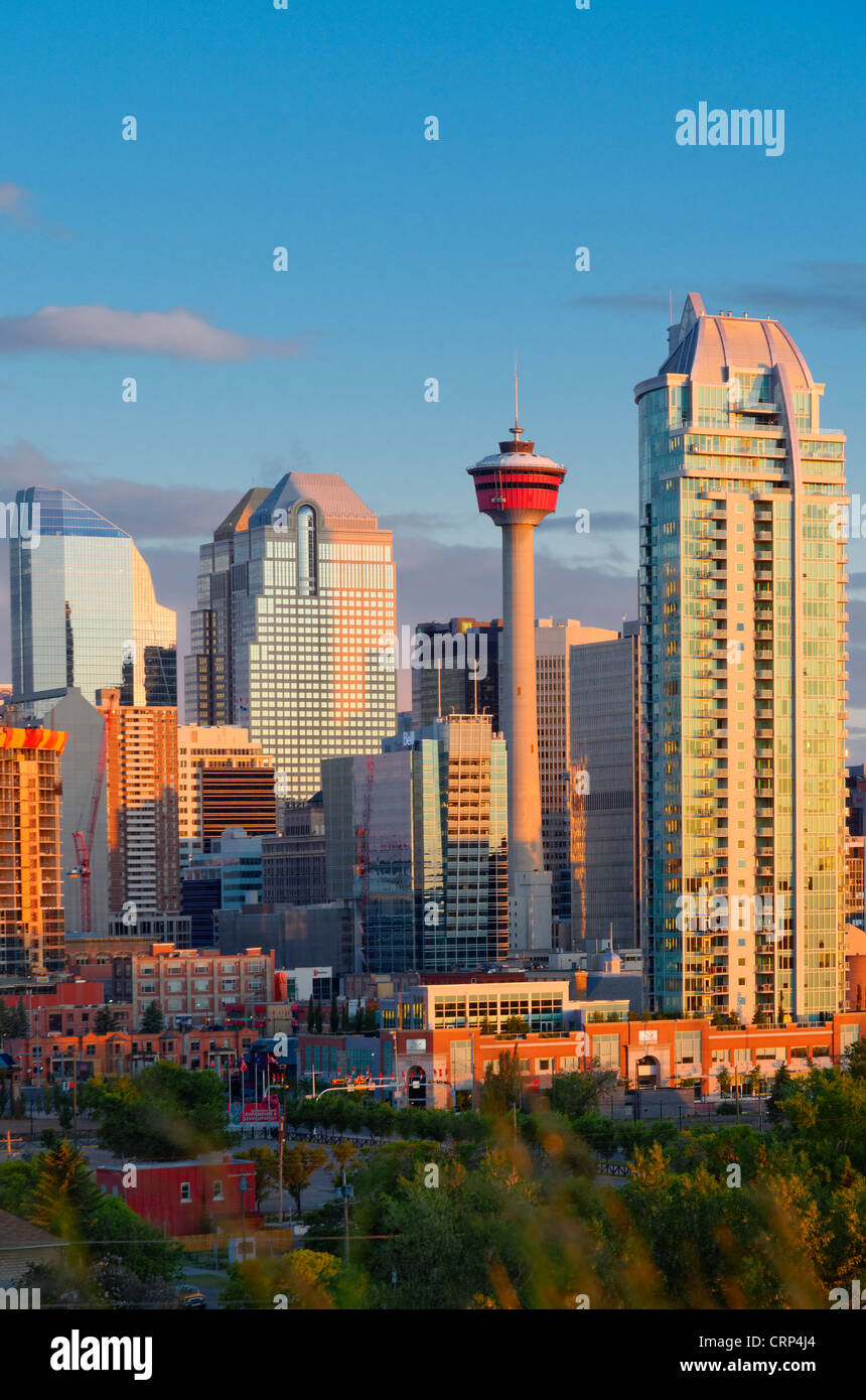 Die Skyline der Innenstadt in der Morgendämmerung, Calgary, Alberta, Kanada Stockfoto