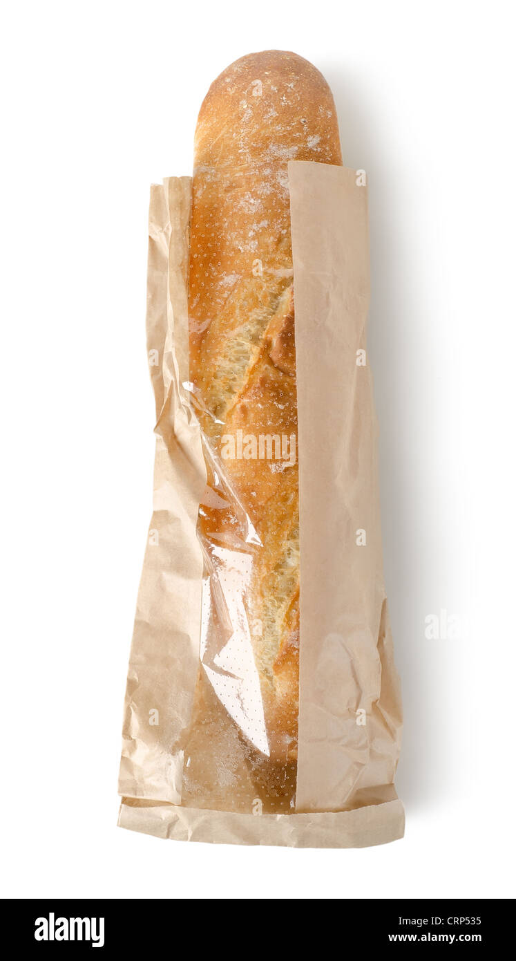 Frisches Baguette in einer Papiertüte isoliert auf weißem Hintergrund Stockfoto
