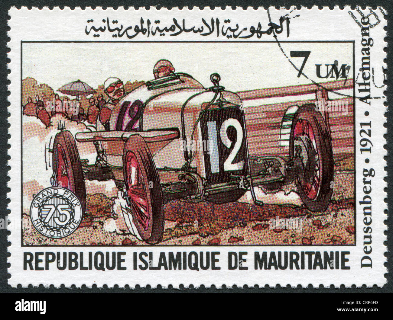 Briefmarke gedruckt in Mauretanien, gewidmet dem 75 th Jahrestag der französischen Grand Prix zeigt Deusenberg, Allemagne Stockfoto