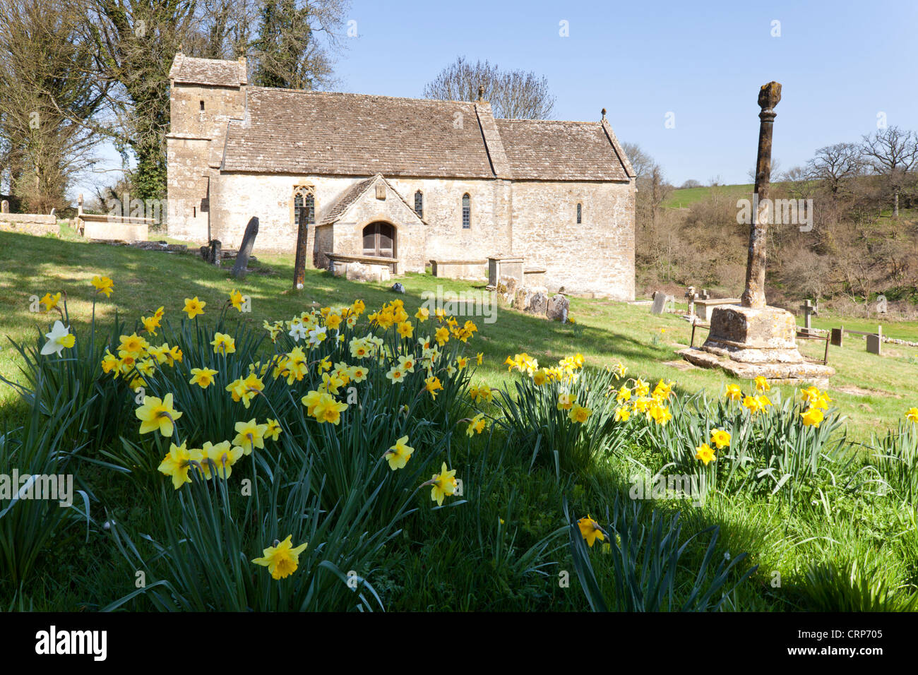 Frühling an der sächsischen St. Michael in der Cotswold Dorf Duntisbourne Rouse, Gloucestershire Stockfoto