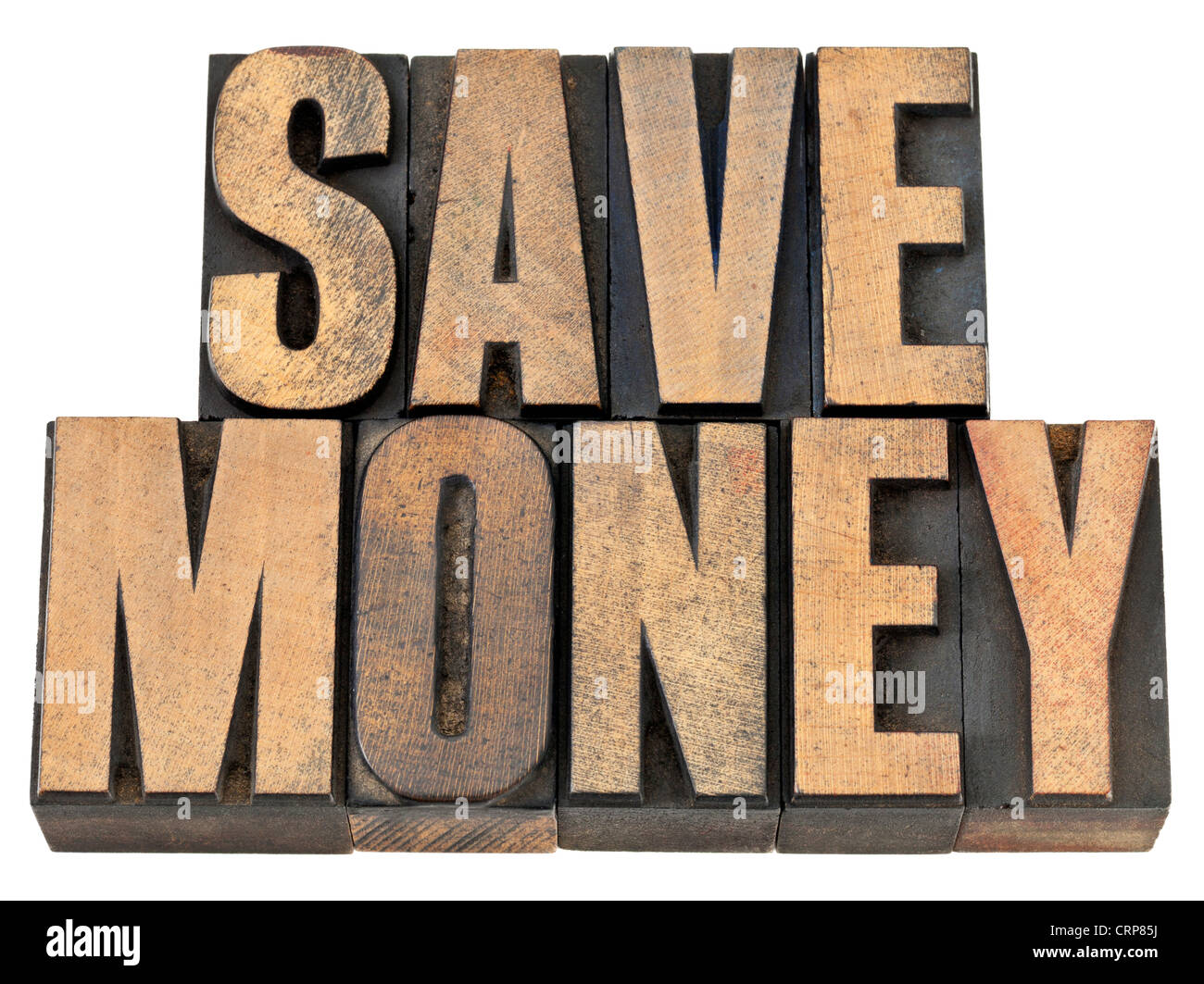 sparen Sie Geld - Finanzkonzept - isoliert Phrasentext in Vintage Buchdruck Holzart Stockfoto