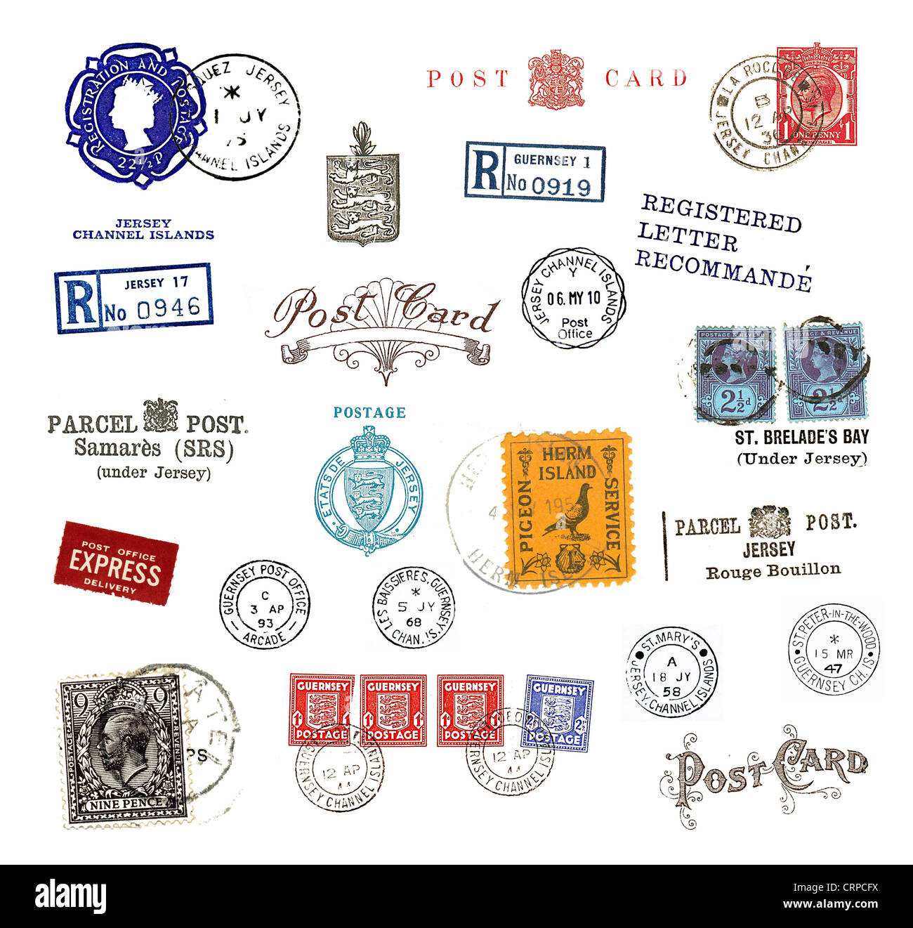 Briefmarken und Etiketten von den Kanalinseln, meist Vintage, Flugpost Motive zeigen und nationale Symbole Stockfoto