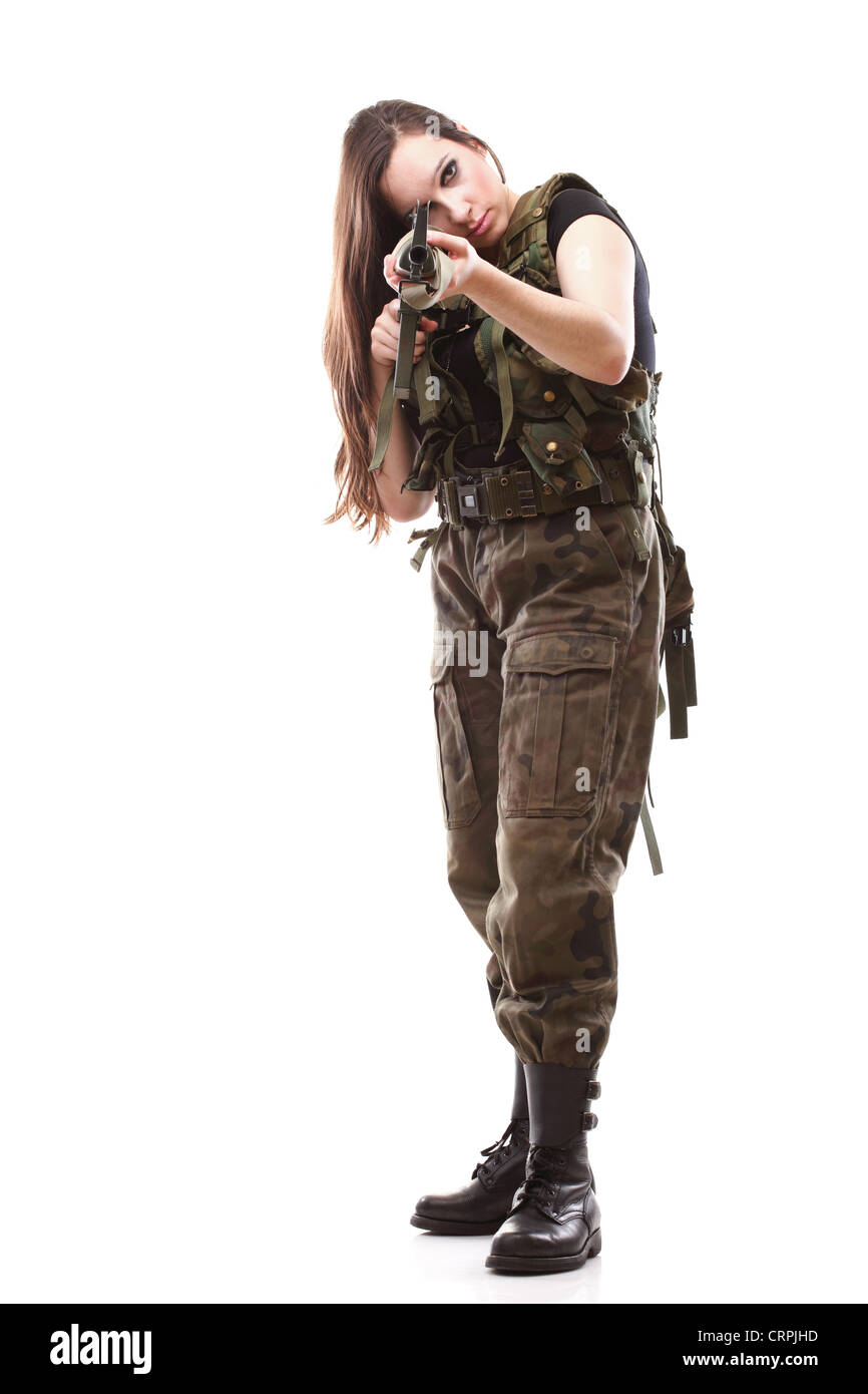 Schöne Frau mit Gewehr Kunststoff Militär Armee Mädchen Holding Gun weiss isoliert background Stockfoto