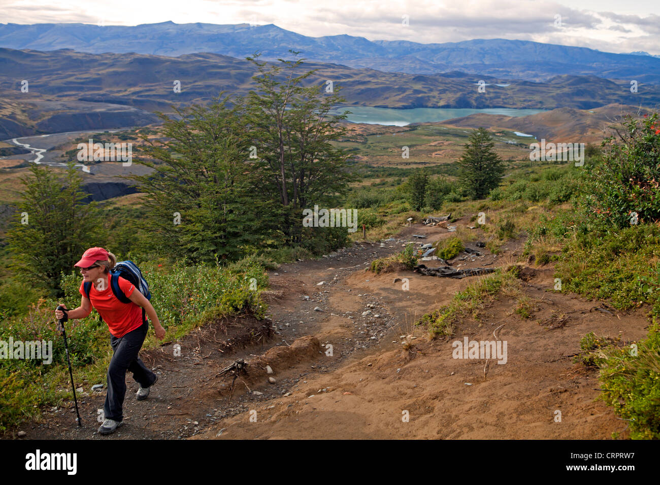Wanderer auf der W Trek in den Torres del Paine talwärts Ascencio Klettern Stockfoto