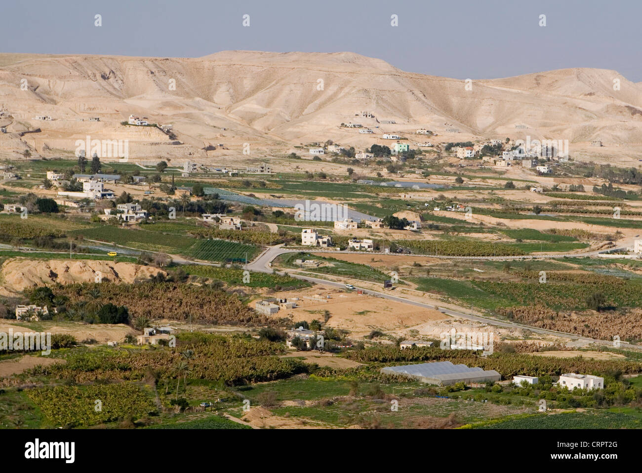 Blick auf Jordantal Ackerland vom Berg der Versuchung, Jericho, Westjordanland, Palästina Stockfoto