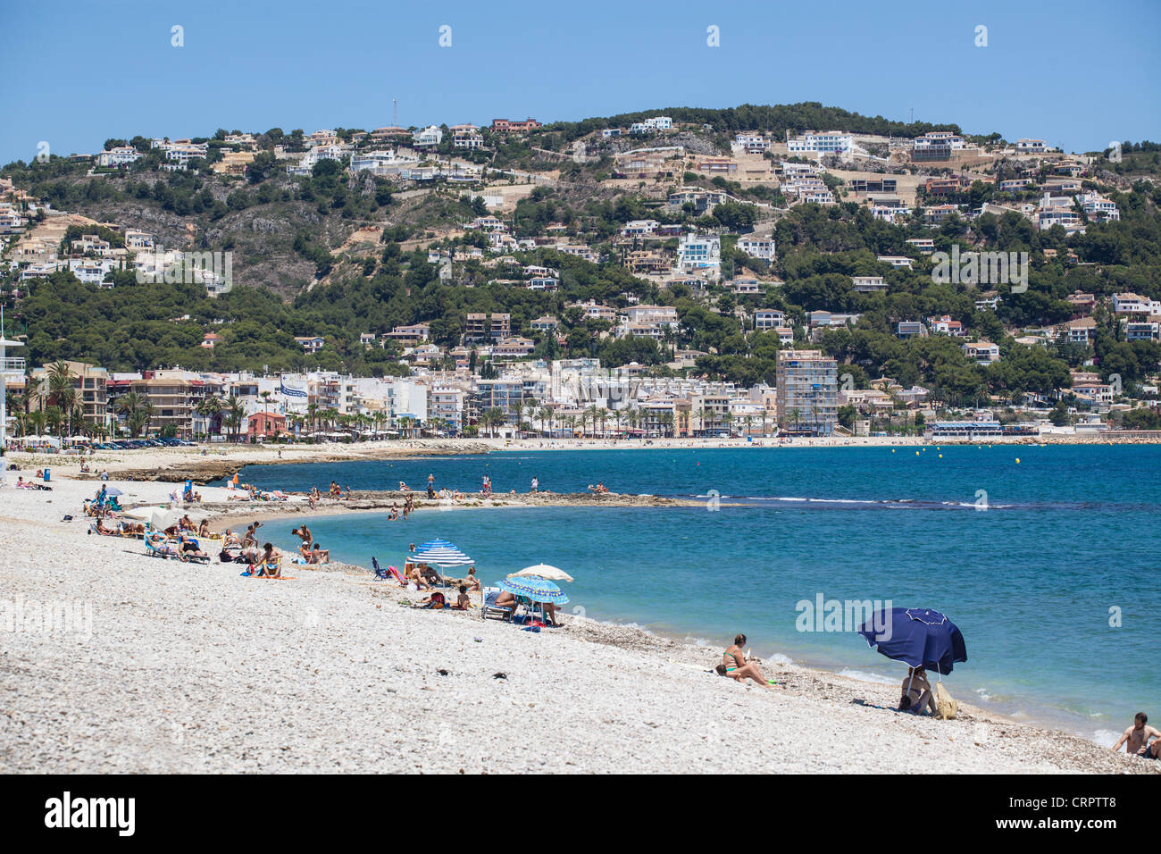 Ein Blick auf die Küstenstadt Port Javea, Spanien Stockfoto