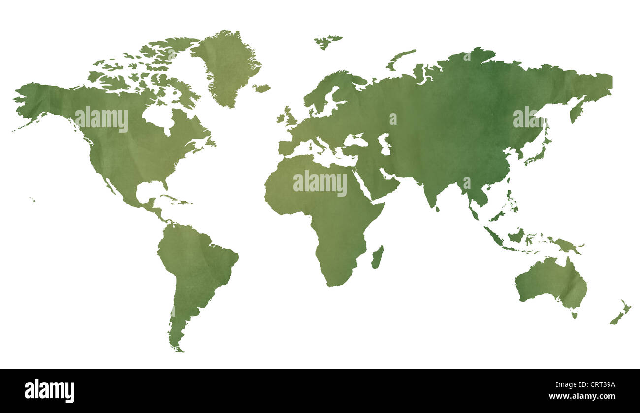 Weltkarte in alten grünen Papier isoliert auf weißem Hintergrund. Stockfoto