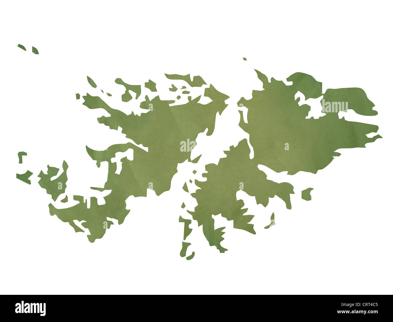 Alte grüne Papierkarte der Falkland-Inseln isoliert auf weißem Hintergrund Stockfoto