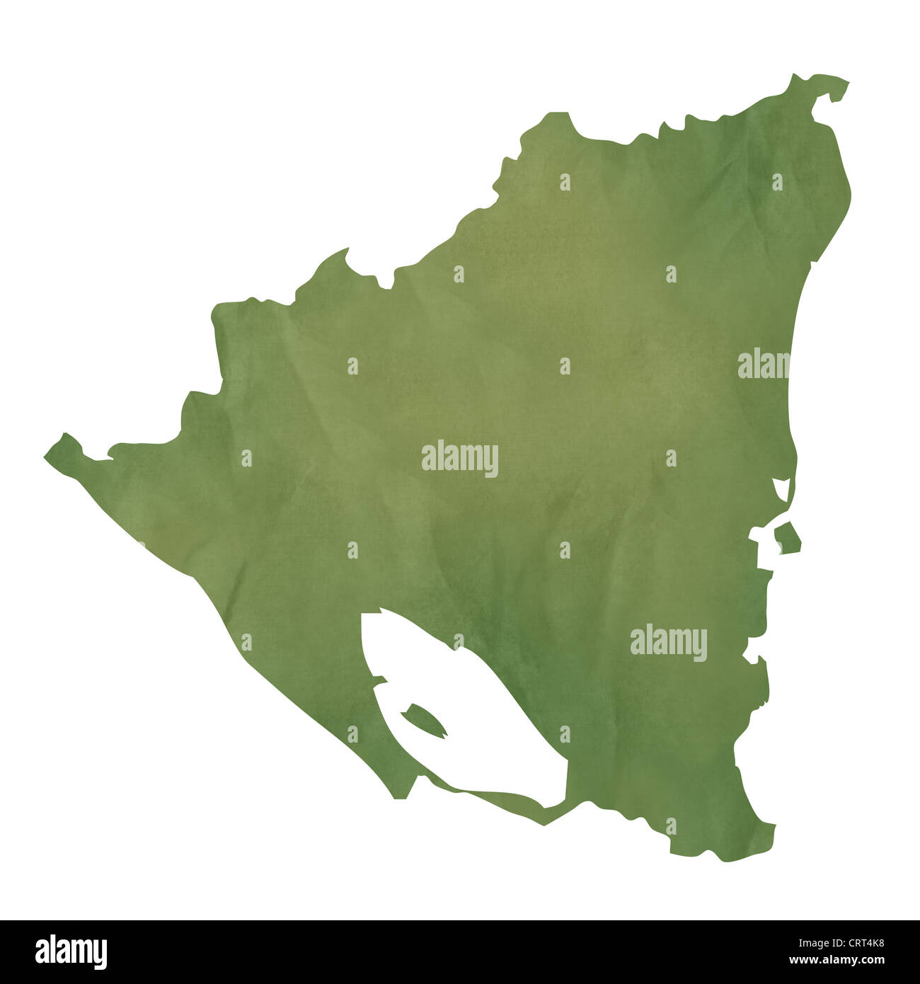 Alte grüne Papierkarte von Nicaragua isoliert auf weißem Hintergrund Stockfoto