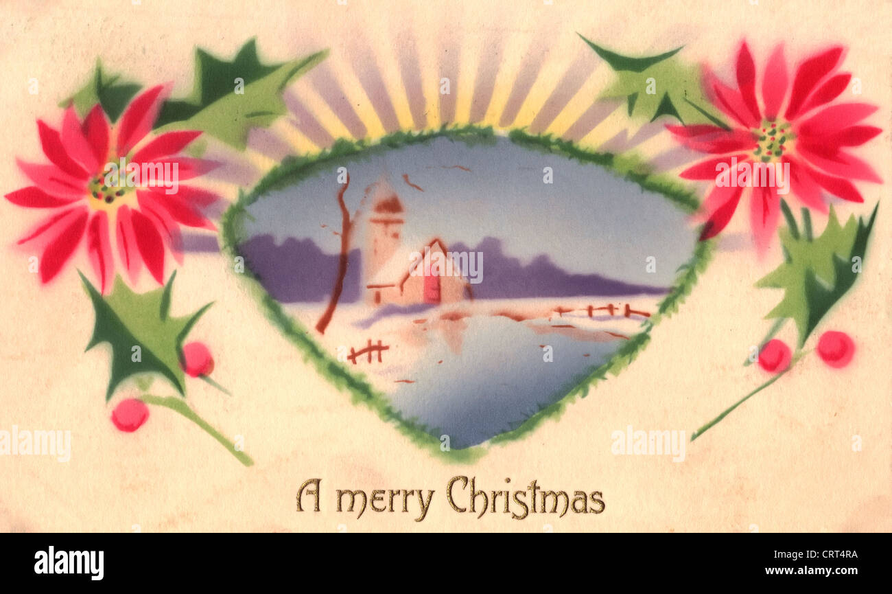 Ein frohes Weihnachtsfest - Vintage Karte mit Winter-Szene und Weihnachtssterne Stockfoto