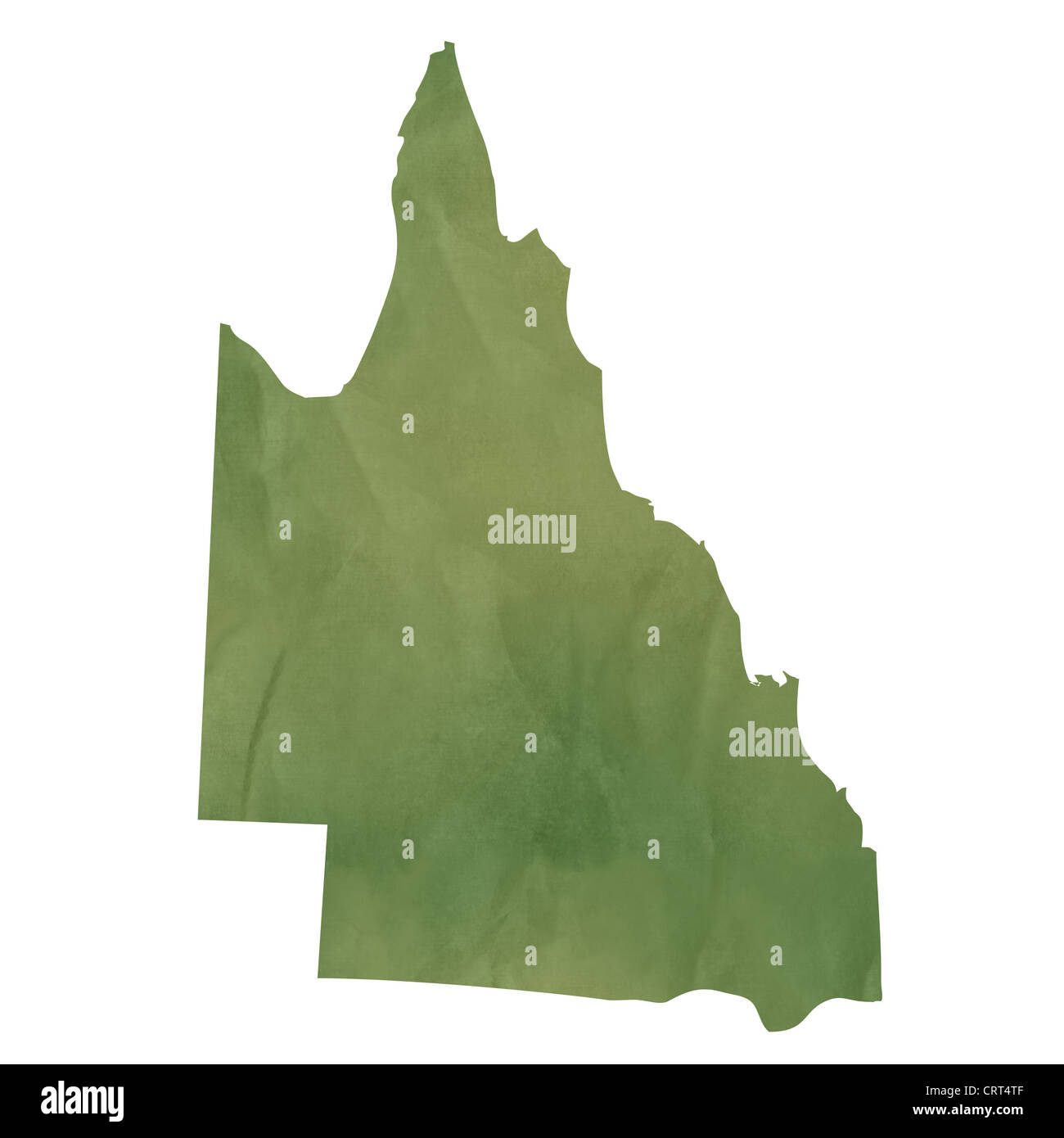 Queensland Karte im alten grünen Papier isoliert auf weißem Hintergrund. Stockfoto