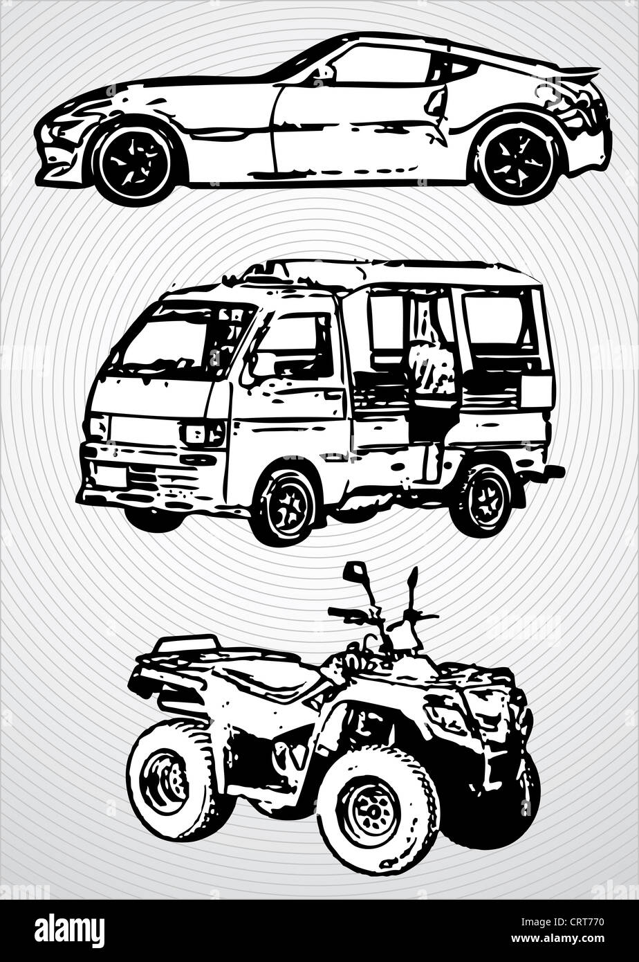 Drei Fahrzeuge für verschiedene Zwecke - monochrome Darstellung Stockfoto