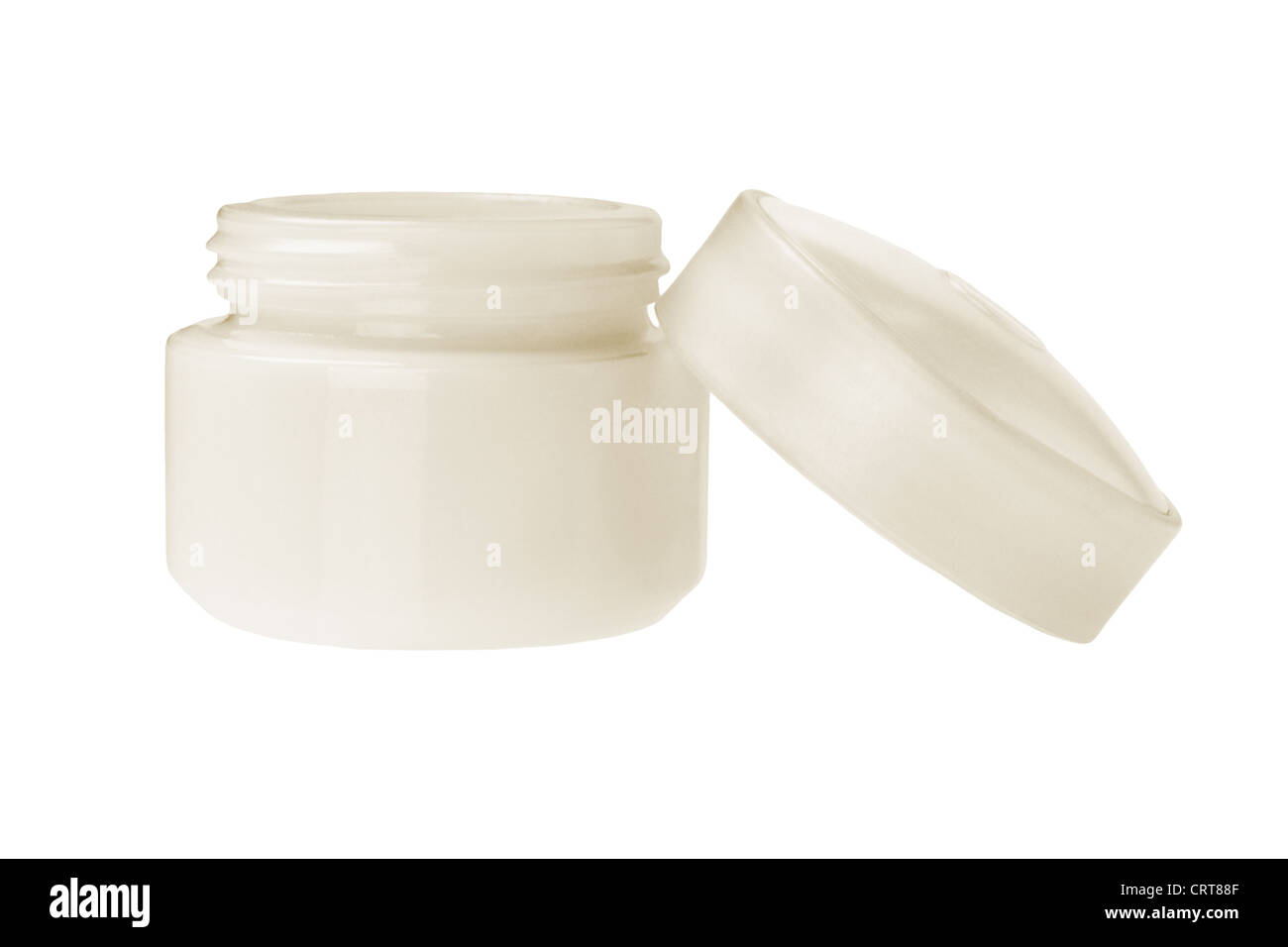 Geöffnete leere kosmetische Creme Flasche auf weißem Hintergrund Stockfoto