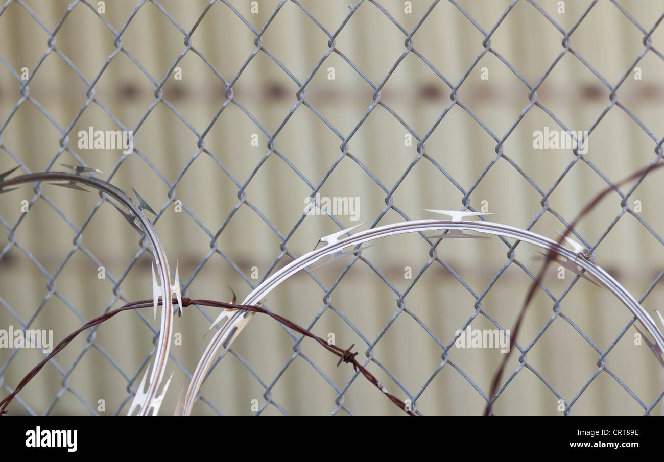 Detailansicht der Stacheldraht gegen einen Zaun Stockfoto