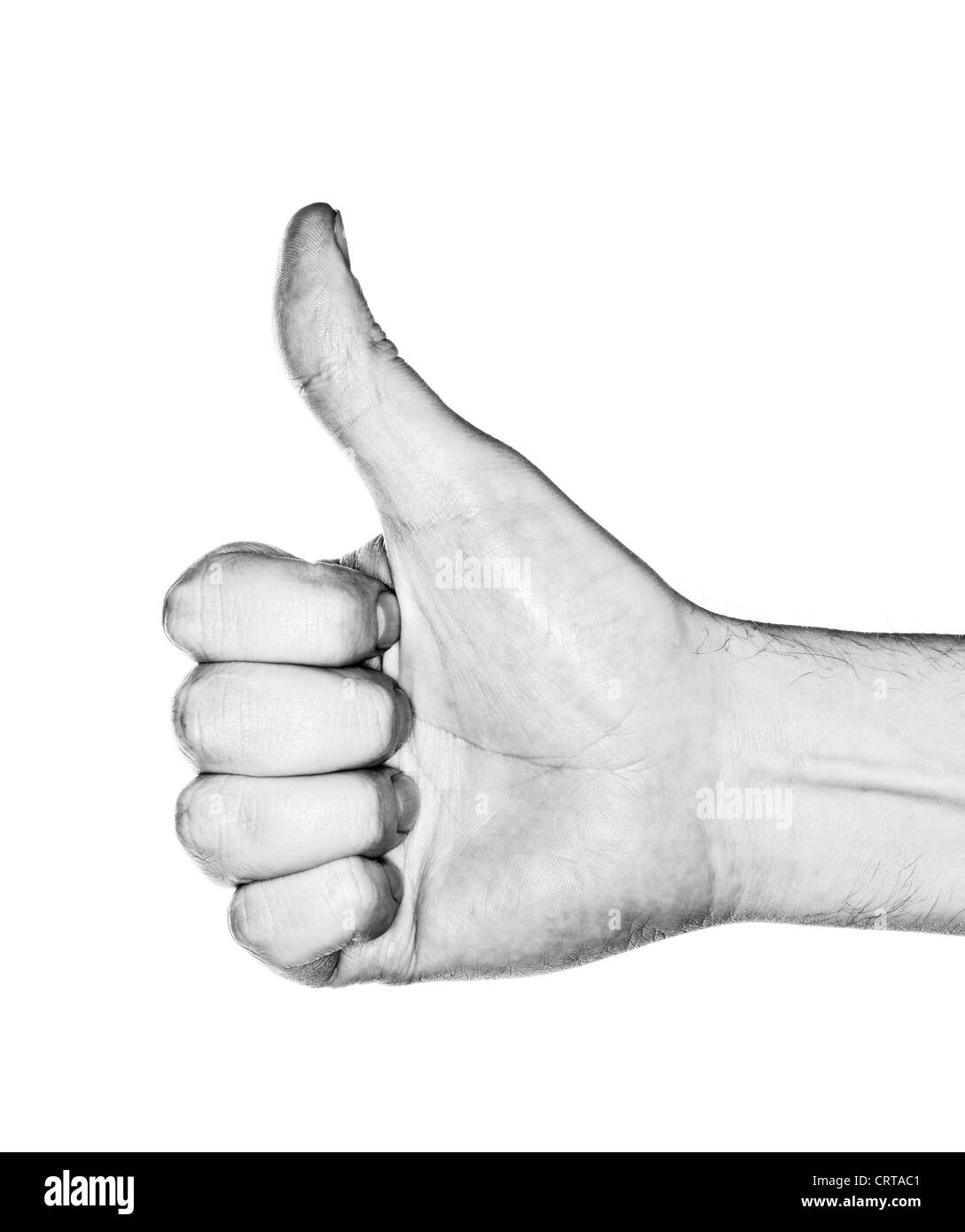 Schwarz / weiß Bild einer Hand eine "Daumen hoch" Geste. Mit Ringblitz fotografiert. Stockfoto