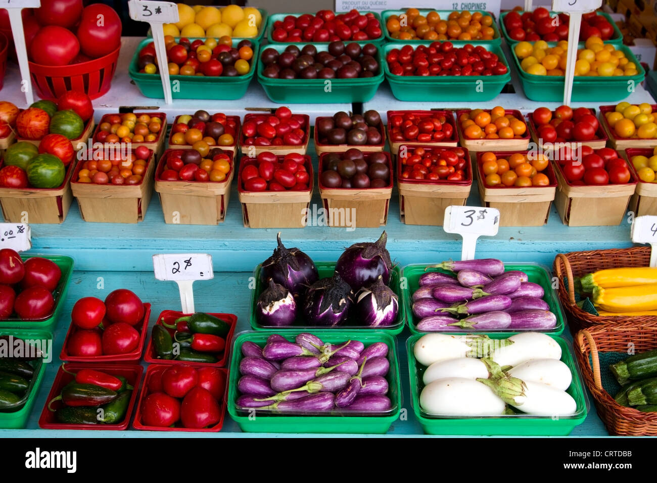 Auberginen zum Verkauf an Atwater Market in Montreal, Quebec Stockfoto