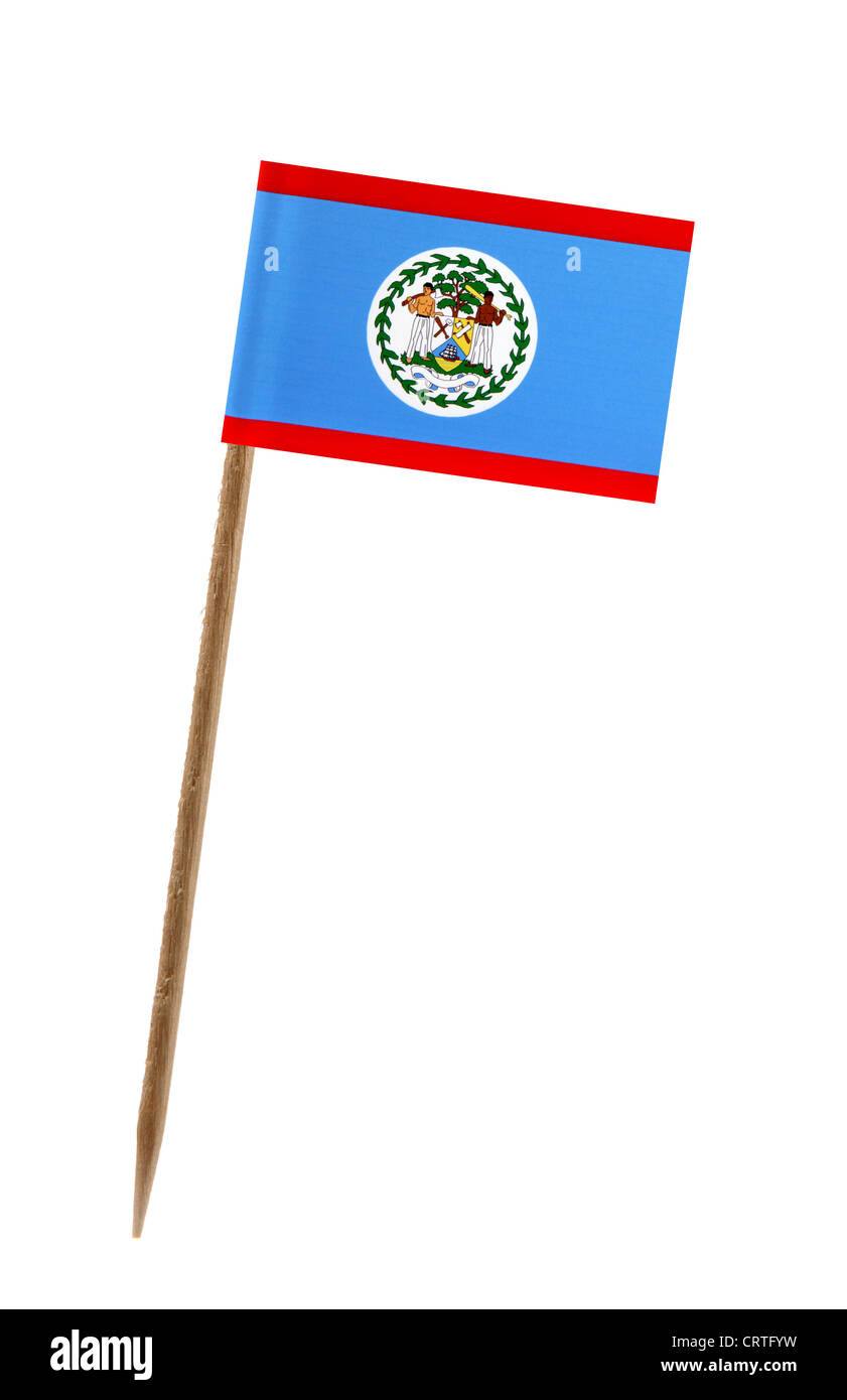 Zahn pick Wit eine kleine Papiertüte Flagge von Belize Stockfoto