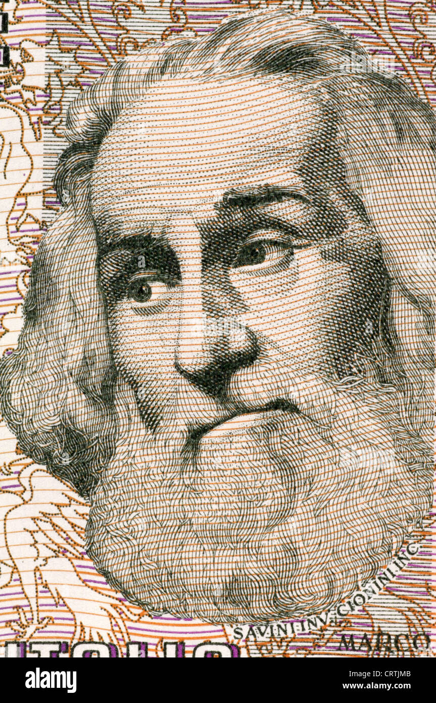 Marco Polo (1254-1324) auf 1000 Lire 1982 Banknote aus Italien. Venezianische Händler Reisenden. Stockfoto