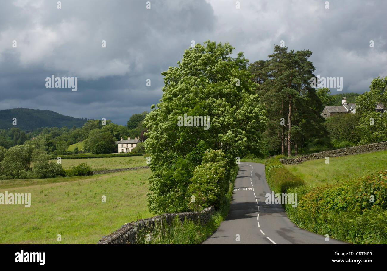 B5285 Straße zwischen Hawkshead und in der Nähe von Sawrey, nahe dem Dorf von Colthouse, Lake District National Park, Cumbria, England UK Stockfoto