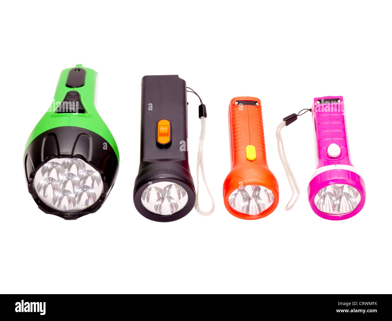 vier verschiedenfarbige LED-Taschenlampe Stockfoto