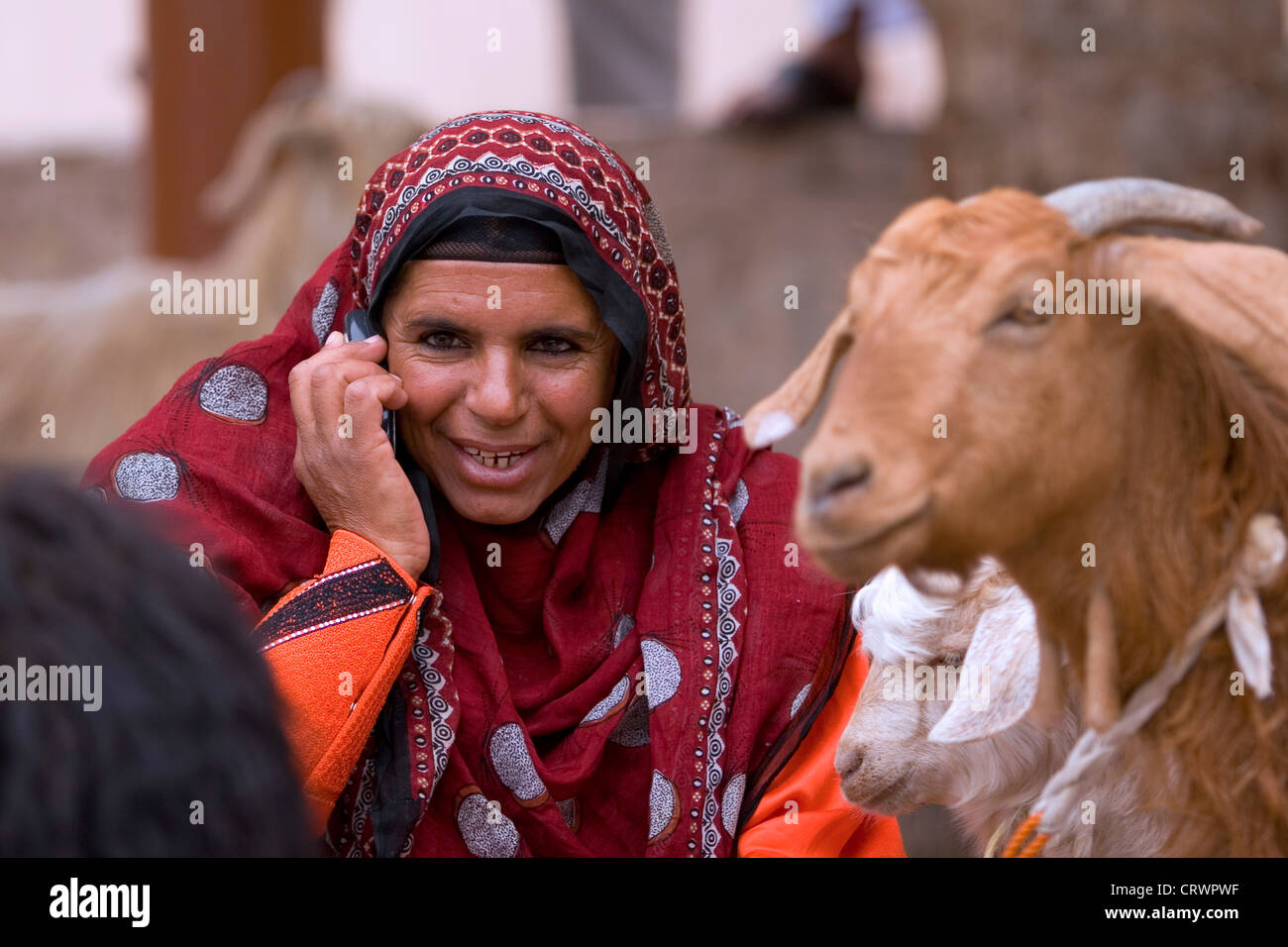 Frau am Vieh Souk, Nizwa, Ad Dakhiliyah, Oman Stockfoto