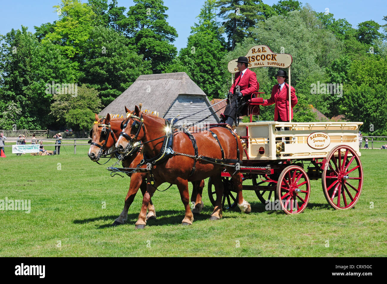 Zwei Suffolk Punch Pferde ziehen einen Great Western Railway Dray. Stockfoto