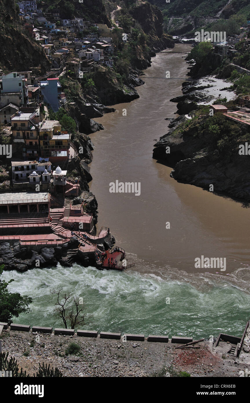 Devprayag - Prayag von Alakhnanda und Bhagirathi Fluß Stockfoto