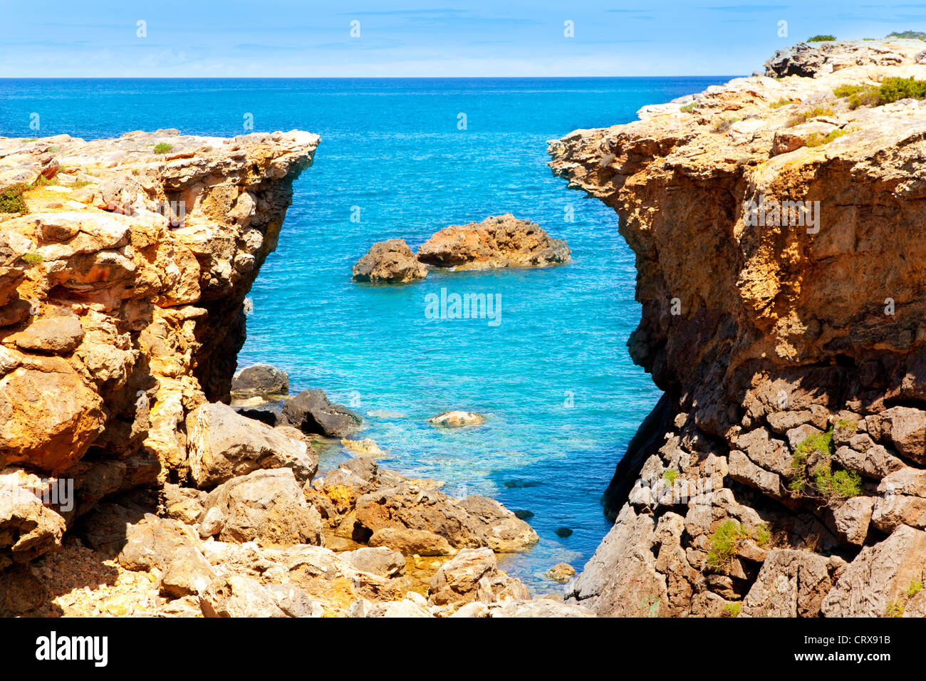 Ibiza-Kanal d En Marti Pou des Lleó Strand in Balearischen Inseln des Mittelmeeres Stockfoto